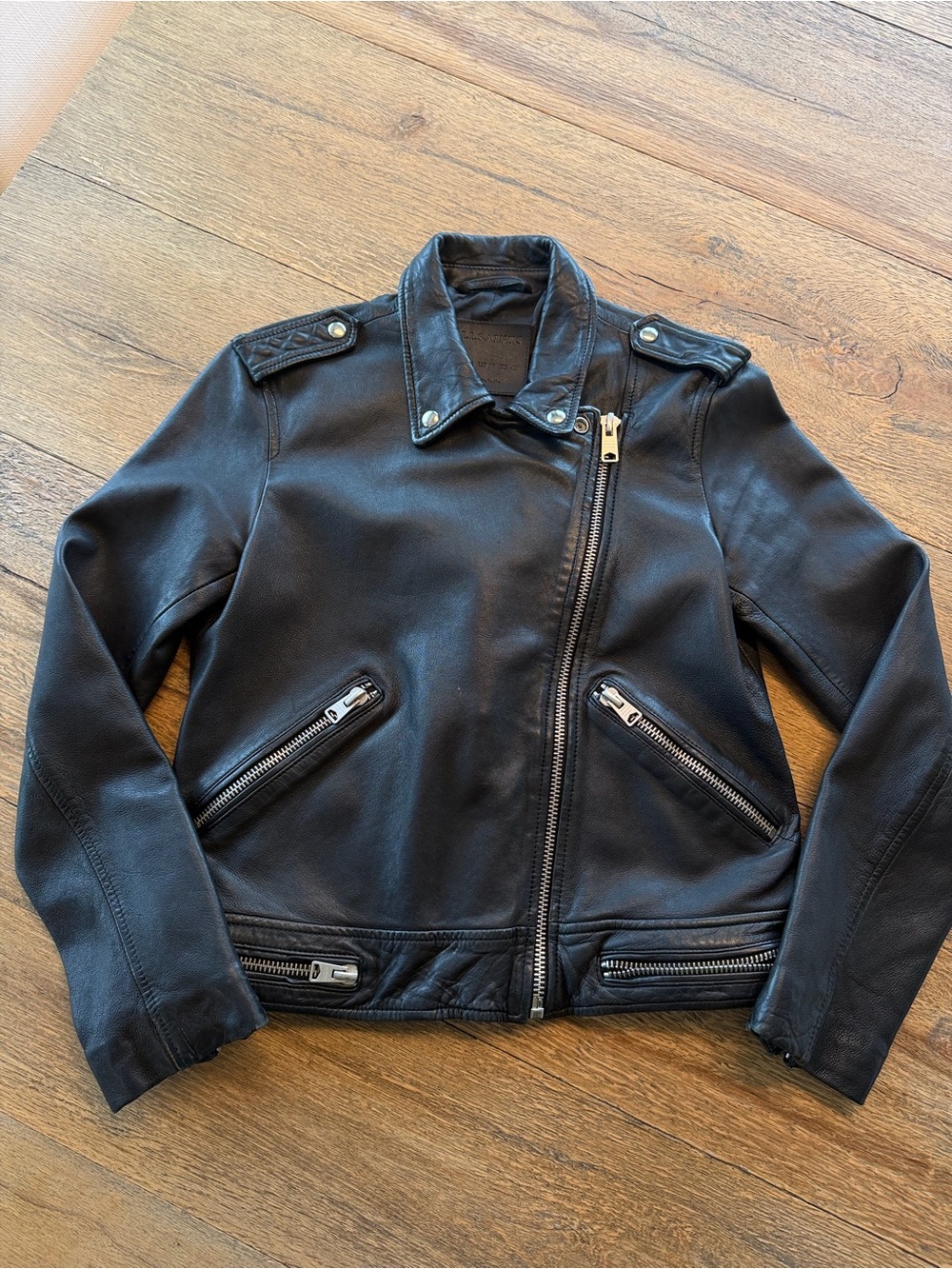 All Saints Black Leather Asymmetric Zip Biker Jacket